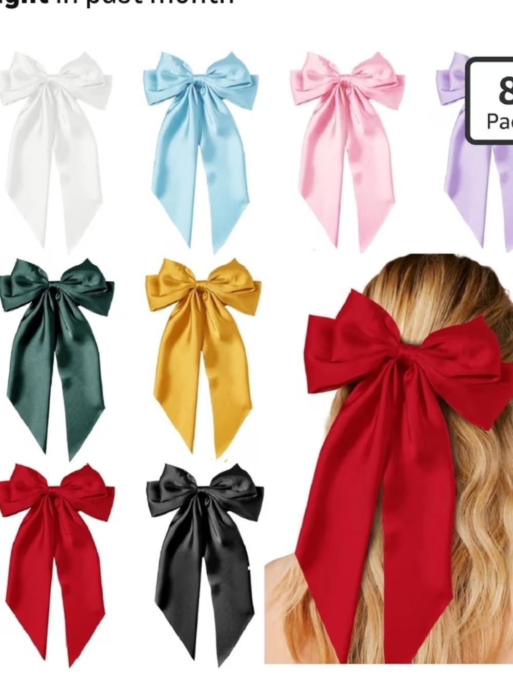 Tobeffect Satin Ribbon Hair Bows for Women - 8 Pack (Multicolor)